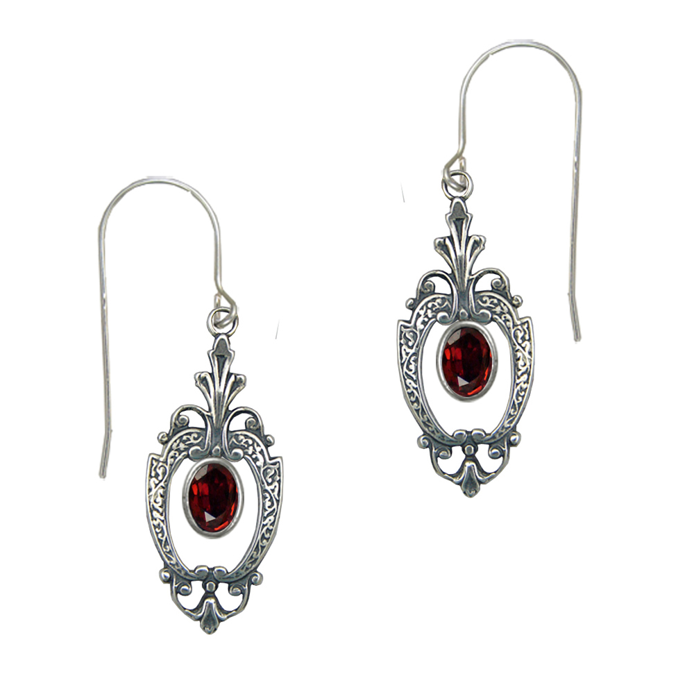 Sterling Silver Art Deco Drop Dangle Earrings With Faceted Garnet